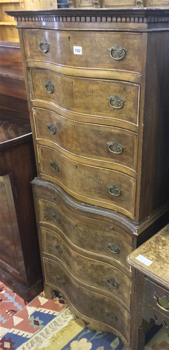 Serpentine walnut chest on chest